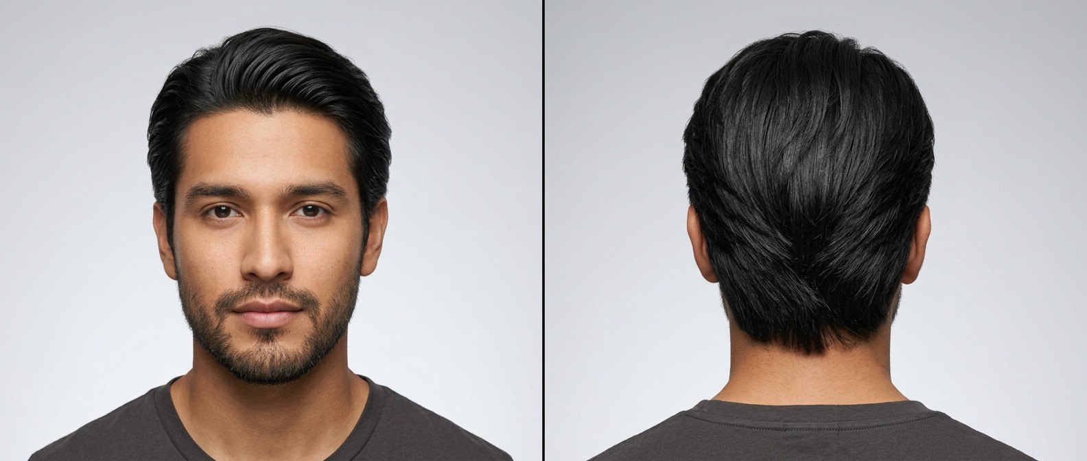 Vorder- und Rückansicht eines Latino-Mannes mit Medium Flow Haarschnitt, langem, glattem, schwarzem Deckhaar und natürlich zulaufendem Nacken.