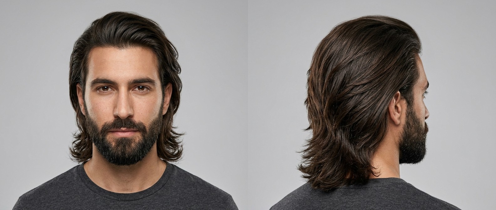 Front- und Seitenansicht eines Mannes mit dunkelbraunem, glattem Swept-Back Flow Haarschnitt, Seiten hinter den Ohren und Vollbart.