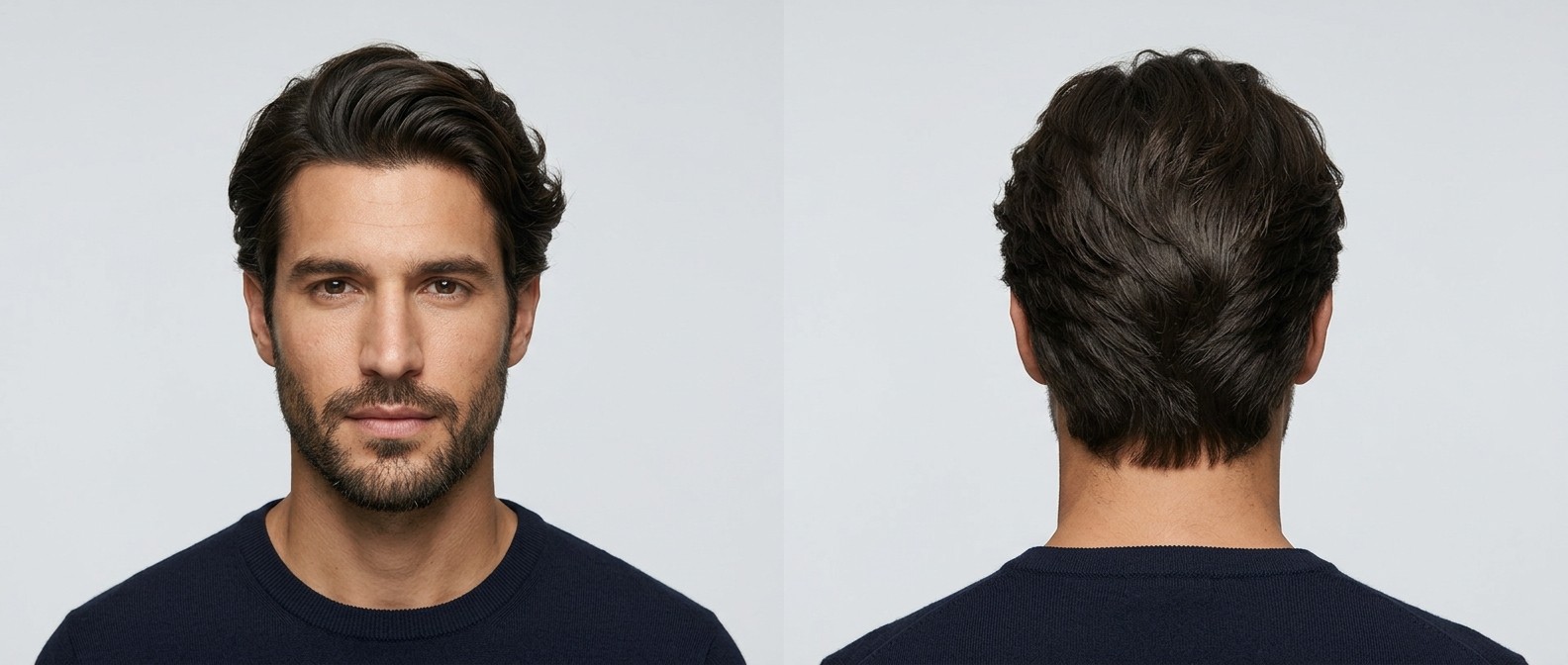 Vorder- und Rückansicht eines Mannes mit dunkelbraunem, dickem, glattem Haar in einem klassischen Swept-Back Flow Haarschnitt mit Kurzbart.