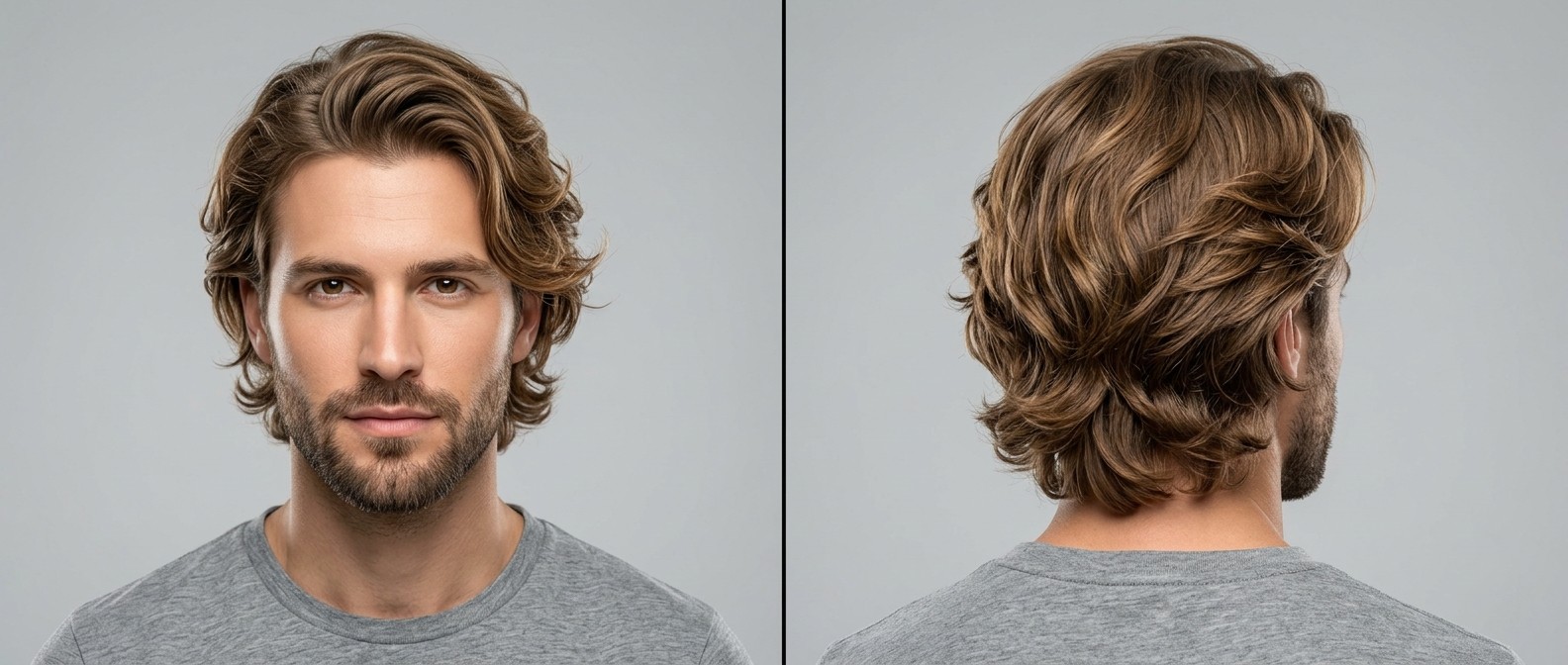 Vorder- und Rückansicht eines Mannes mit dichtem, welligem Flow-Haarschnitt, nach hinten gestyltem Volumen und kurzem Bart.