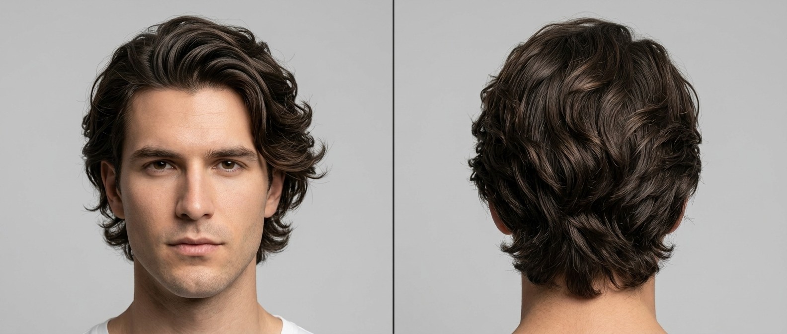 Vorder- und Rückansicht eines jungen Mannes mit dichtem, dunkelbraunem, welligem Haar in einem voluminösen, nach hinten gestylten Flow-Schnitt.