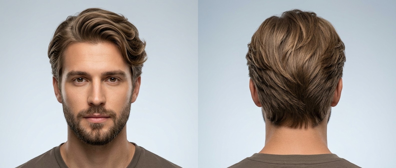 Vorder- und Rückansicht eines jungen Mannes mit dichtem, hellbraunem Swept-Back Flow Haarschnitt, mittellangen Stufen und gepflegtem Bart.