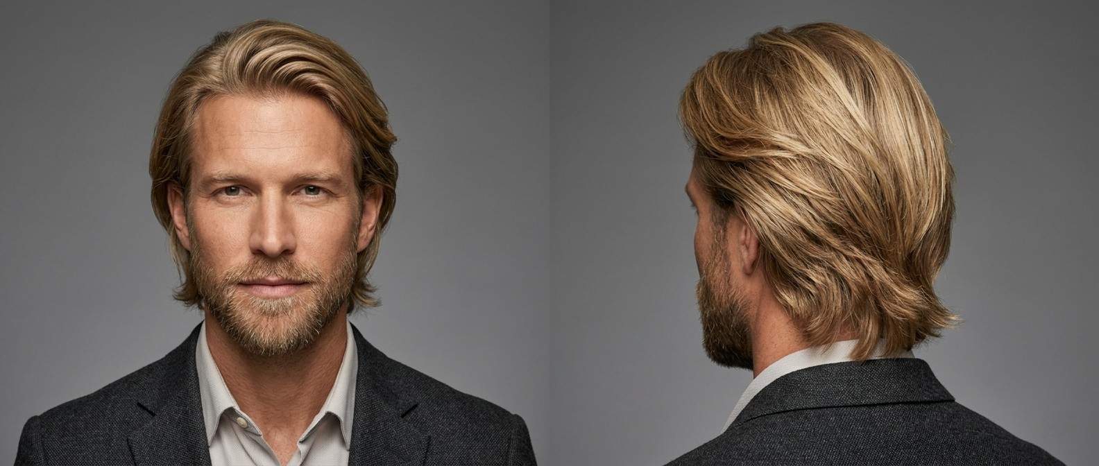 Medium-length swept-back blonde flow hairstyle for men with a short beard, featuring voluminous layered top and textured ends on a grey background.