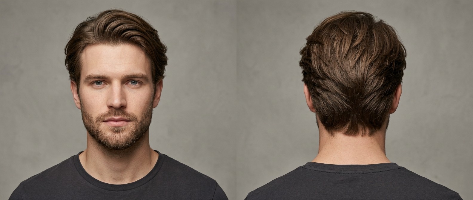Front and back view of a young man with a thick, straight brown flow hairstyle, featuring swept-back volume and layered back.