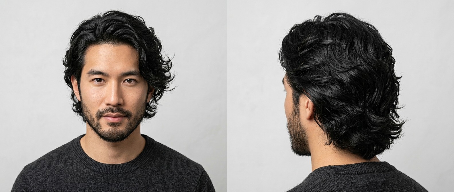 Asiatischer Mann mit dickem, welligem Flow-Haarschnitt und kurzem Bart, lange nach hinten gestylte Layer mit natürlichem Volumen.