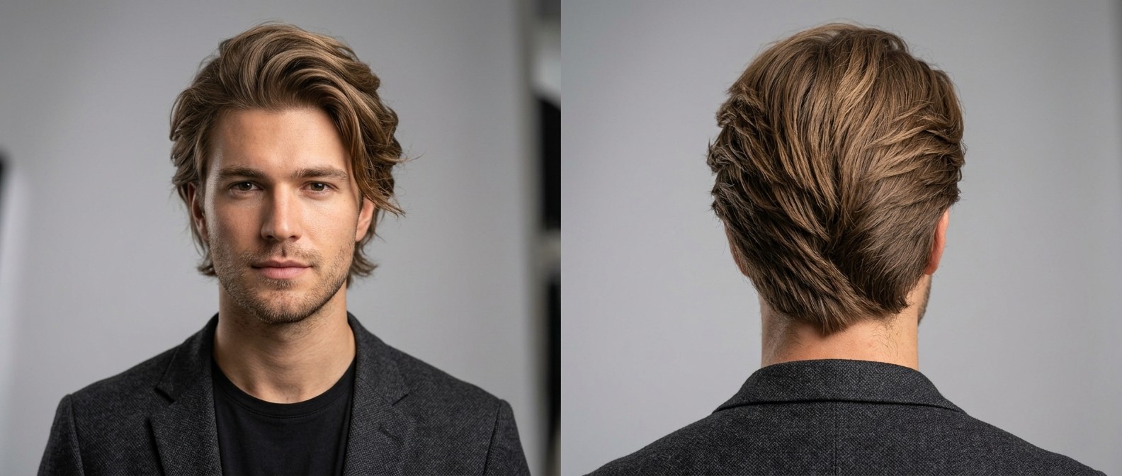 Front and back view of a young man with thick light brown hair styled in a swept-back layered bro flow haircut featuring a textured V-shaped nape.