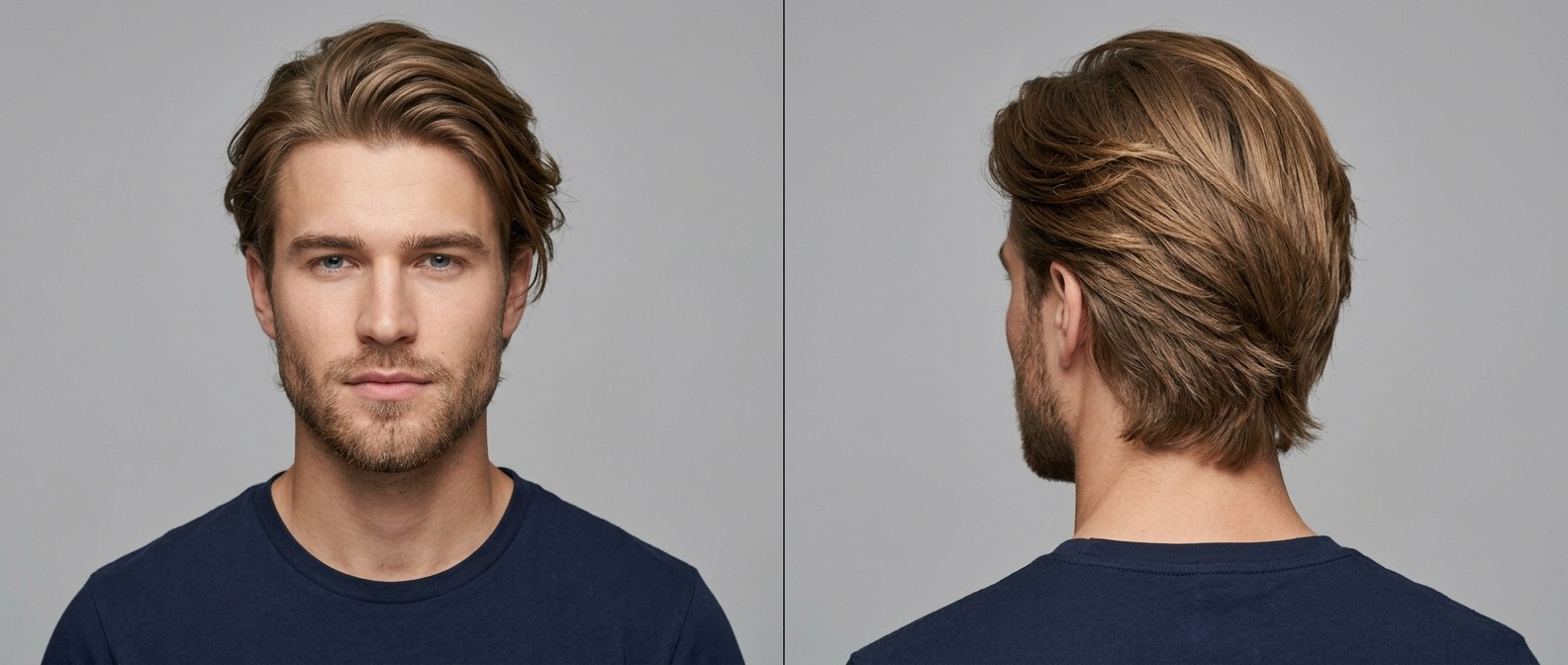 Front and side profile of a young caucasian man with a short beard wearing a classic, medium-length swept-back layered flow haircut.