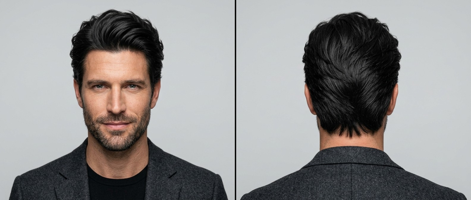 Front and back view of a 40-year-old Caucasian man with black hair modeling a swept-back medium flow hairstyle with a layered V-shaped nape.