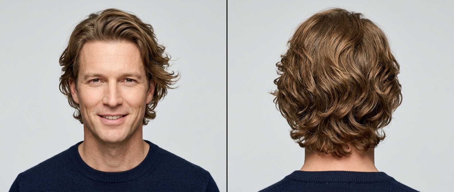 Front and back view of a mature man with light brown wavy hair styled in a classic swept-back flow haircut with layered nape texture.