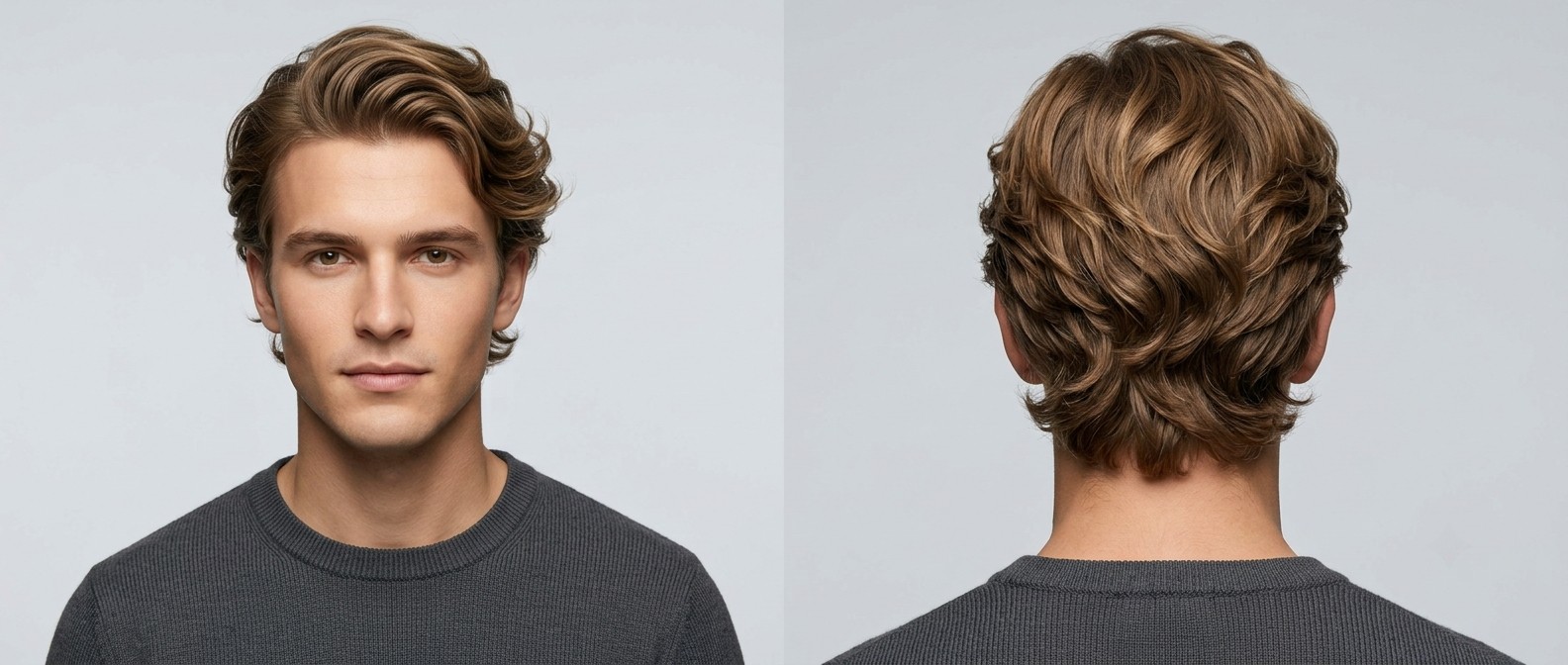 Young man with medium skin and light brown wavy flow hair, featuring swept-back volume in the front and textured, layered waves at the back.