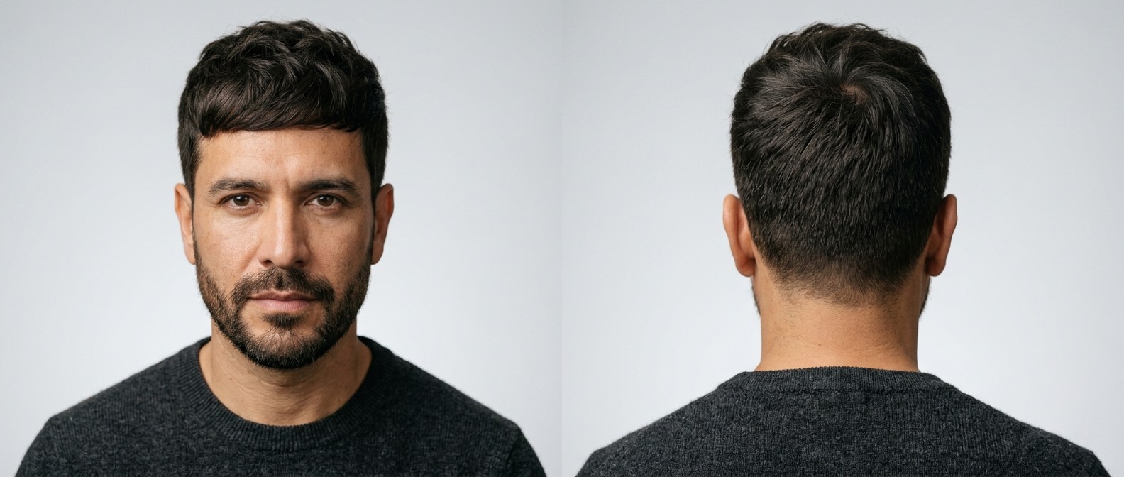 Front and back view of a 45-year-old Latino man with a thick, textured French Crop, choppy front fringe, short tapered sides, and a neat short beard.