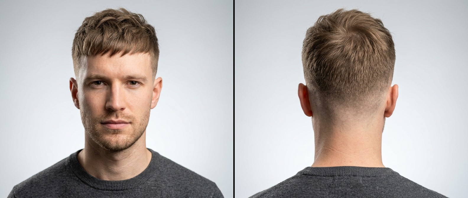 Front and back view of a Caucasian man with light brown fine hair wearing a textured French Crop with a blunt fringe and a seamless low skin fade.