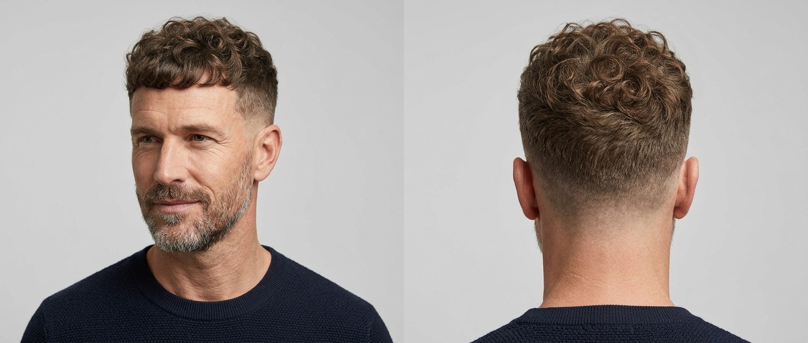 Mature man with a curly French crop haircut, featuring a mid drop fade on the sides, short textured blunt fringe, and a neatly trimmed short beard.