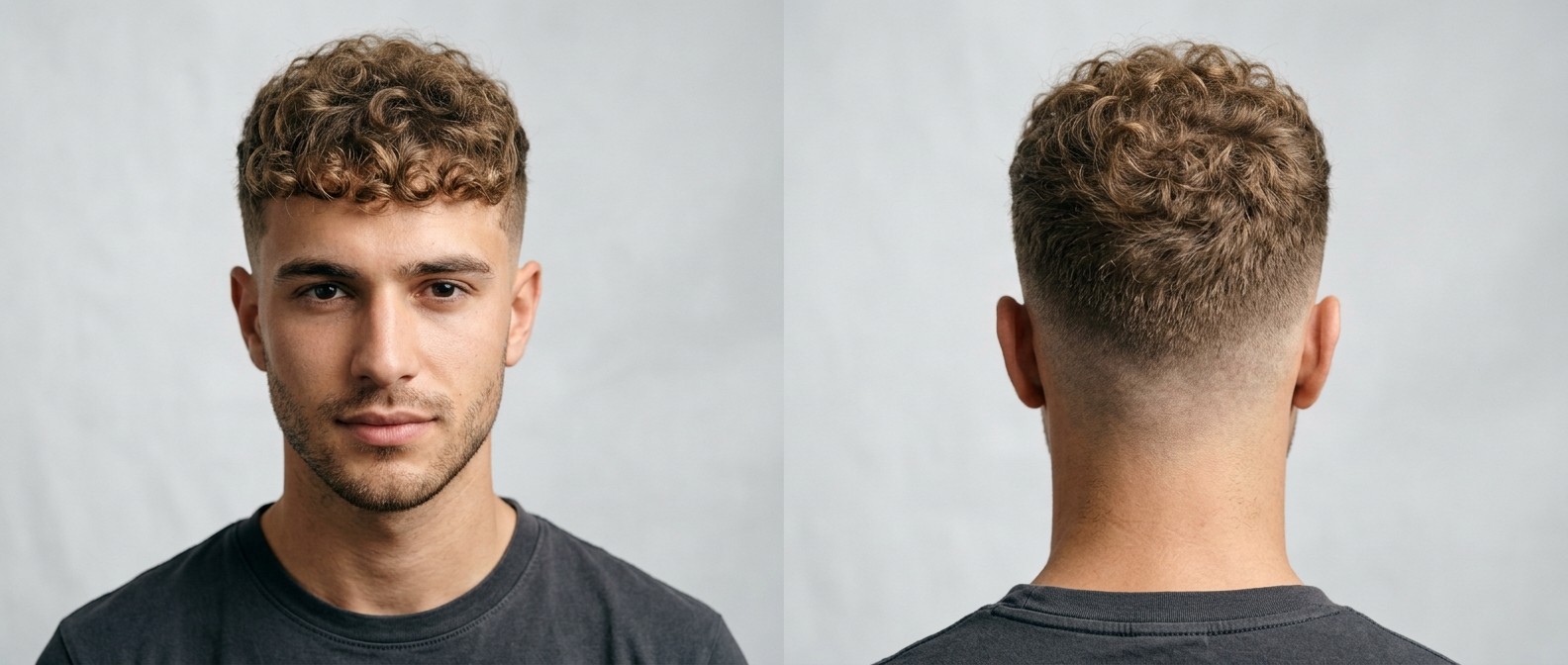 Young man with light brown Type 3 curly hair styled in a textured French Crop with a mid skin fade, forward fringe, and light facial stubble.