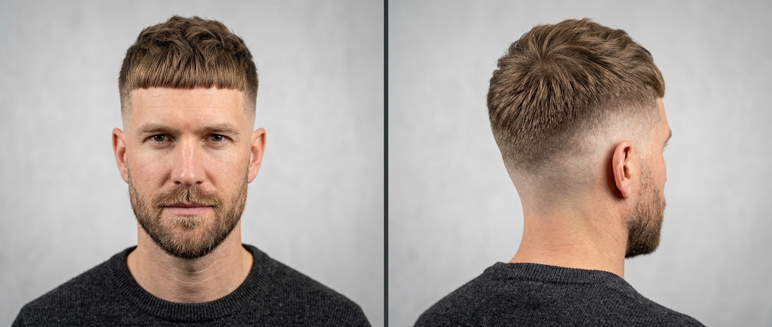 Front and back view of a Caucasian man with a textured French Crop haircut, high skin fade, blunt fringe, and a short beard.