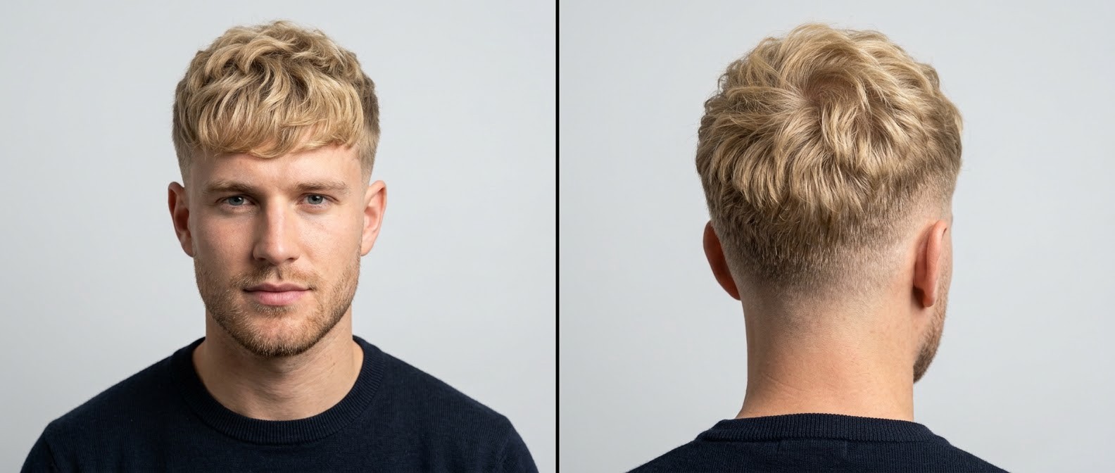 Front and back view of a blonde man with a textured wavy French crop haircut, high skin fade, and short beard.