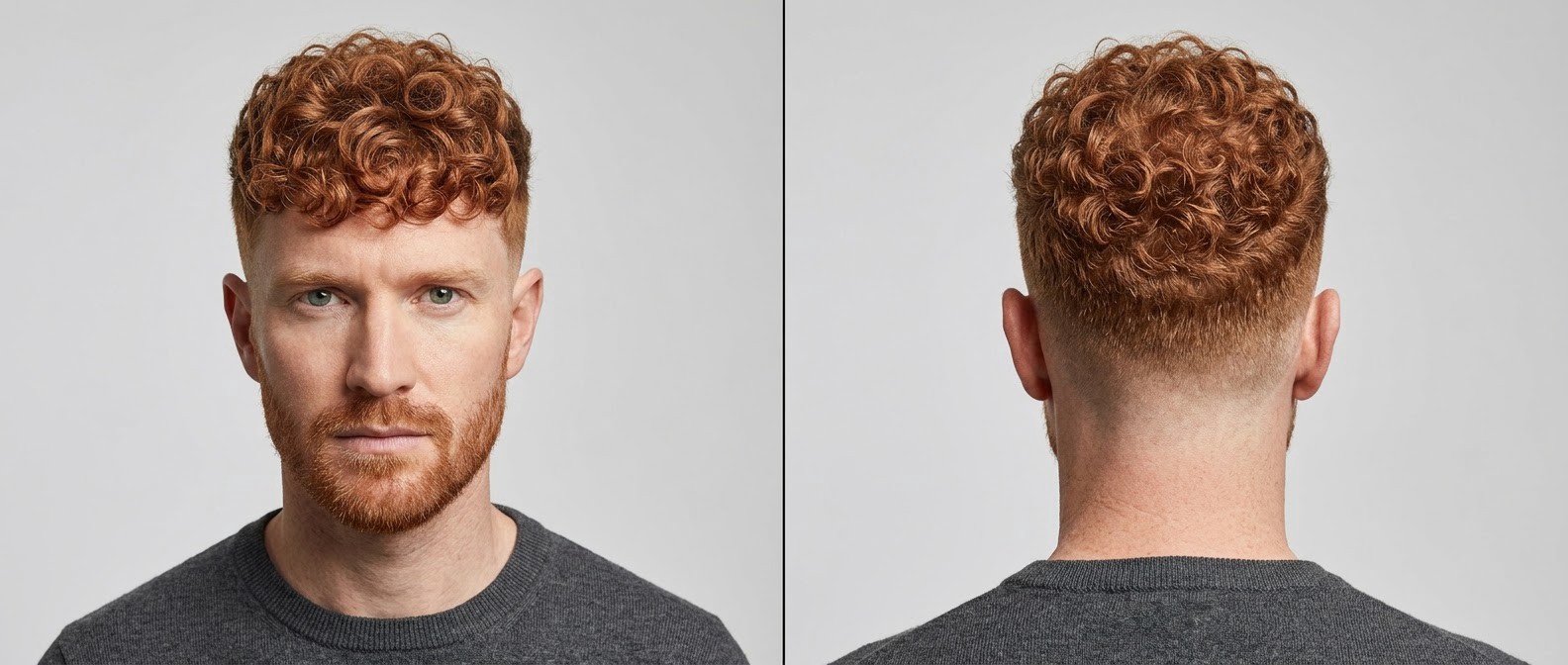 Front and back view of a man with red hair wearing a high skin fade curly French crop with a textured fringe and a short, neatly groomed beard.