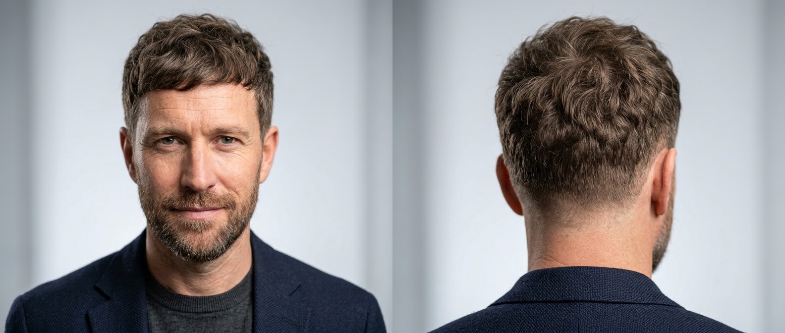 Mature man with a short beard modeling a textured wavy French Crop haircut with tapered short sides and a messy, forward-styled fringe.