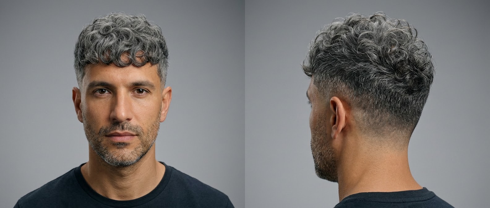Moderner French Crop Haarschnitt für Männer mit dicken grauen Locken, High Skin Fade und Pony.