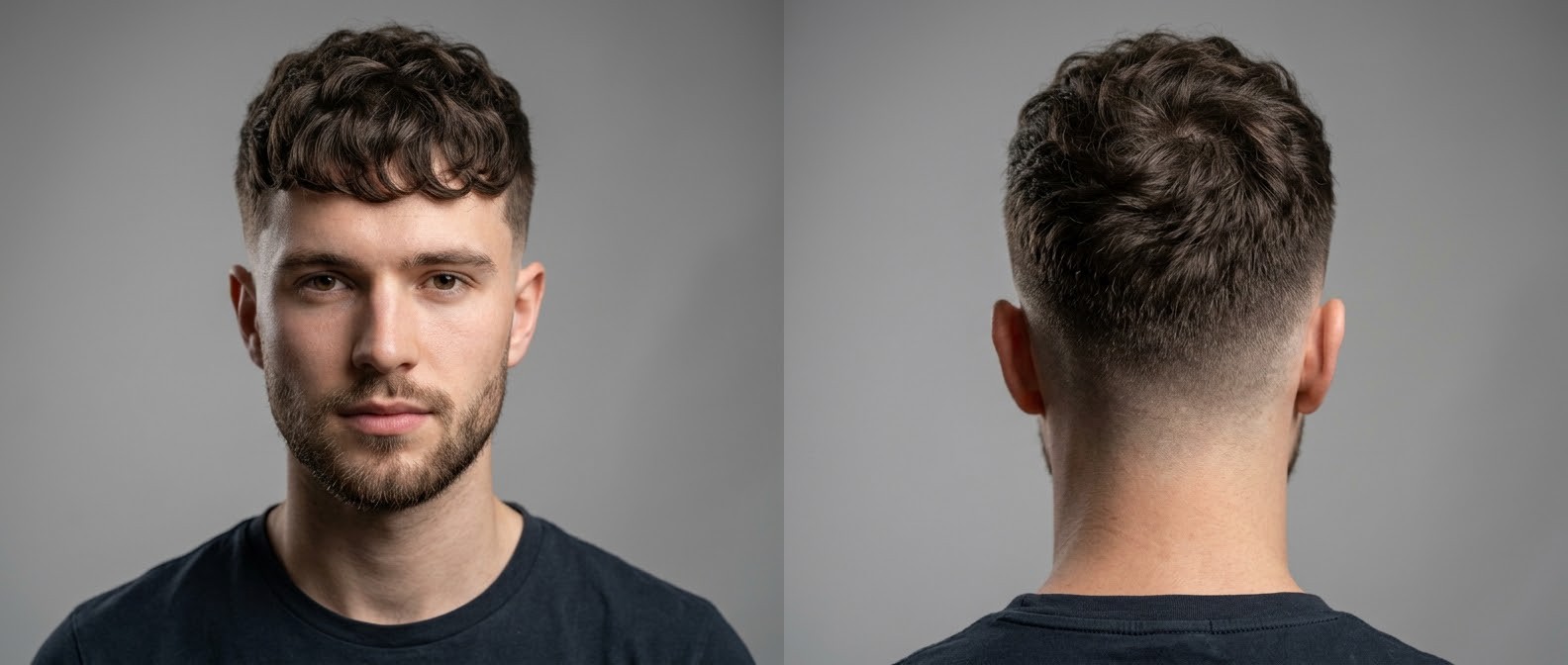 Homem jovem com corte de cabelo French Crop ondulado e texturizado, degradê high skin fade, franja para a frente e barba curta bem cuidada.