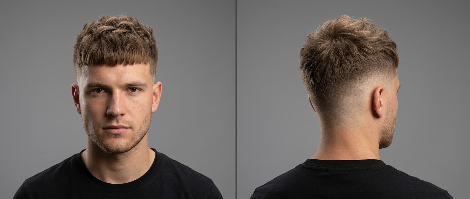 Front and back view of a young man with a modern textured French Crop hairstyle, featuring a blunt fringe and a clean high skin fade.