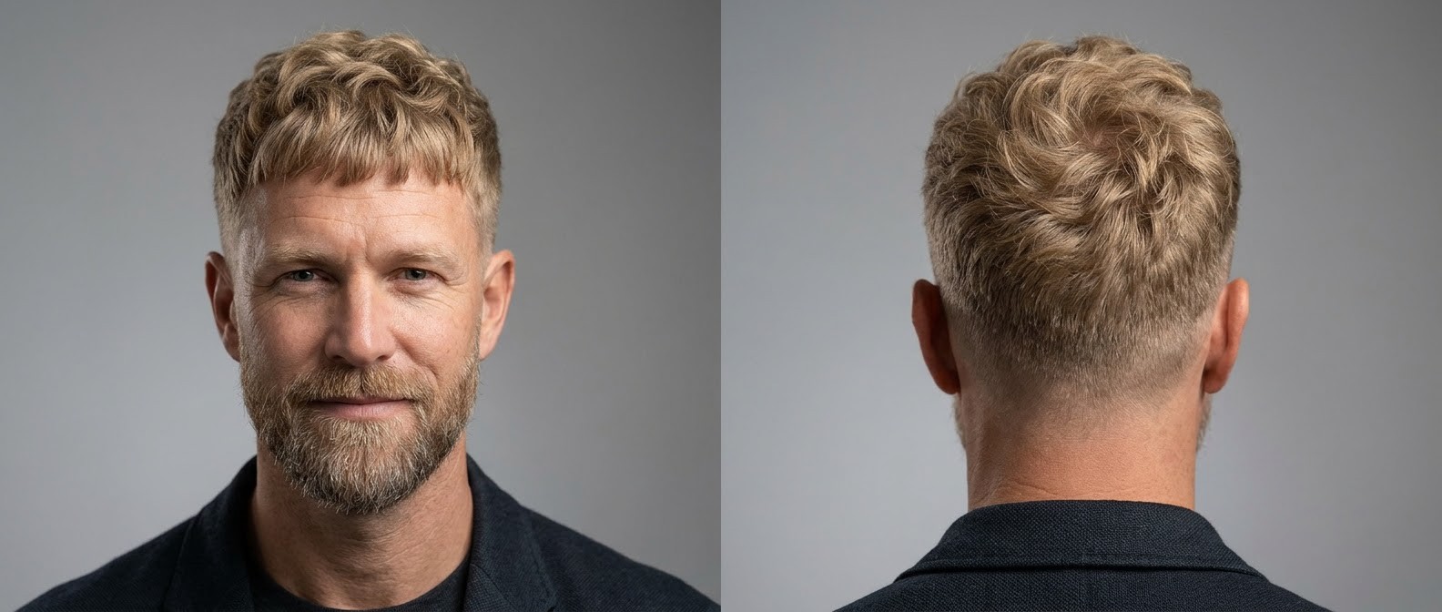 Middle-aged man with blonde wavy hair styled in a textured French crop with a blunt fringe, high fade, and a neatly groomed beard.