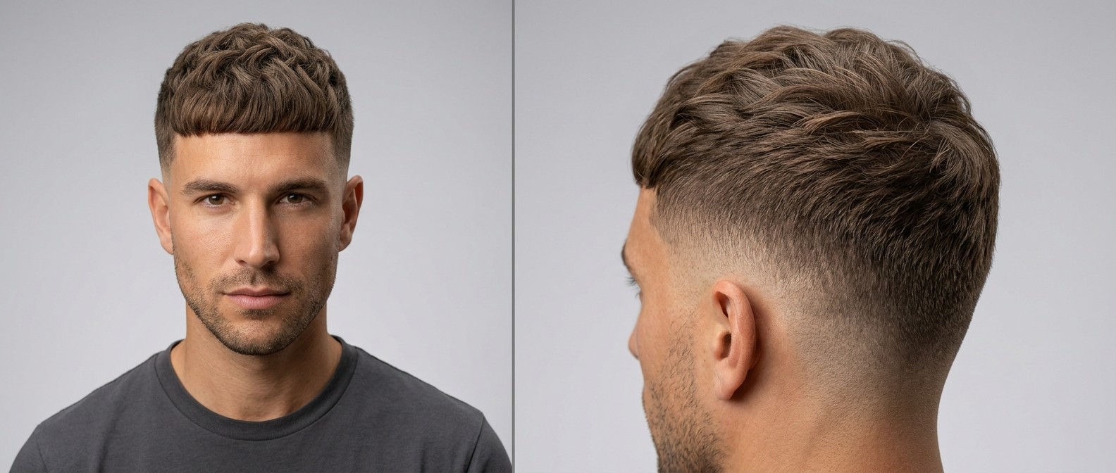 Caucasian man with a textured wavy French crop haircut, featuring a high skin fade, piecey medium-length top, and straight blunt fringe.