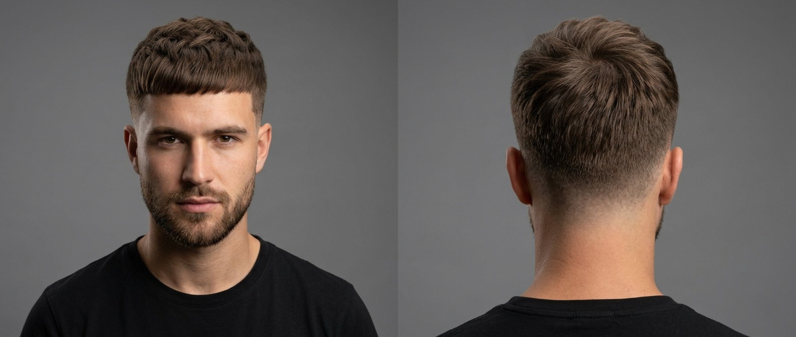Front and back view of a young man with a thick textured French crop haircut featuring a blunt fringe, mid skin fade, and a short groomed beard.