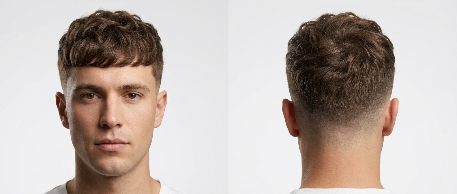 Front and back view of a young man with a textured wavy French crop haircut, featuring a low skin fade, blunt fringe, and brown hair.