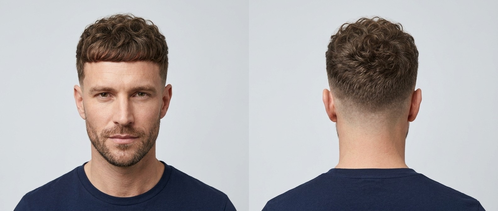 Front and back view of a Caucasian man with a curly textured French Crop, high skin fade, and stubble beard.