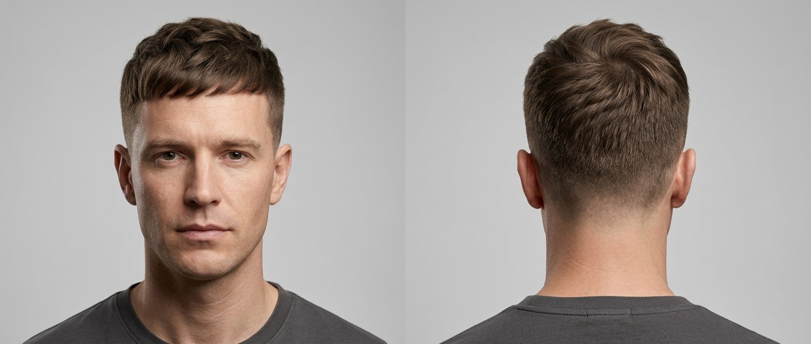 Front and back view of a 40-year-old man with a textured French Crop haircut, featuring a low skin fade, choppy fringe, and forward-swept top.