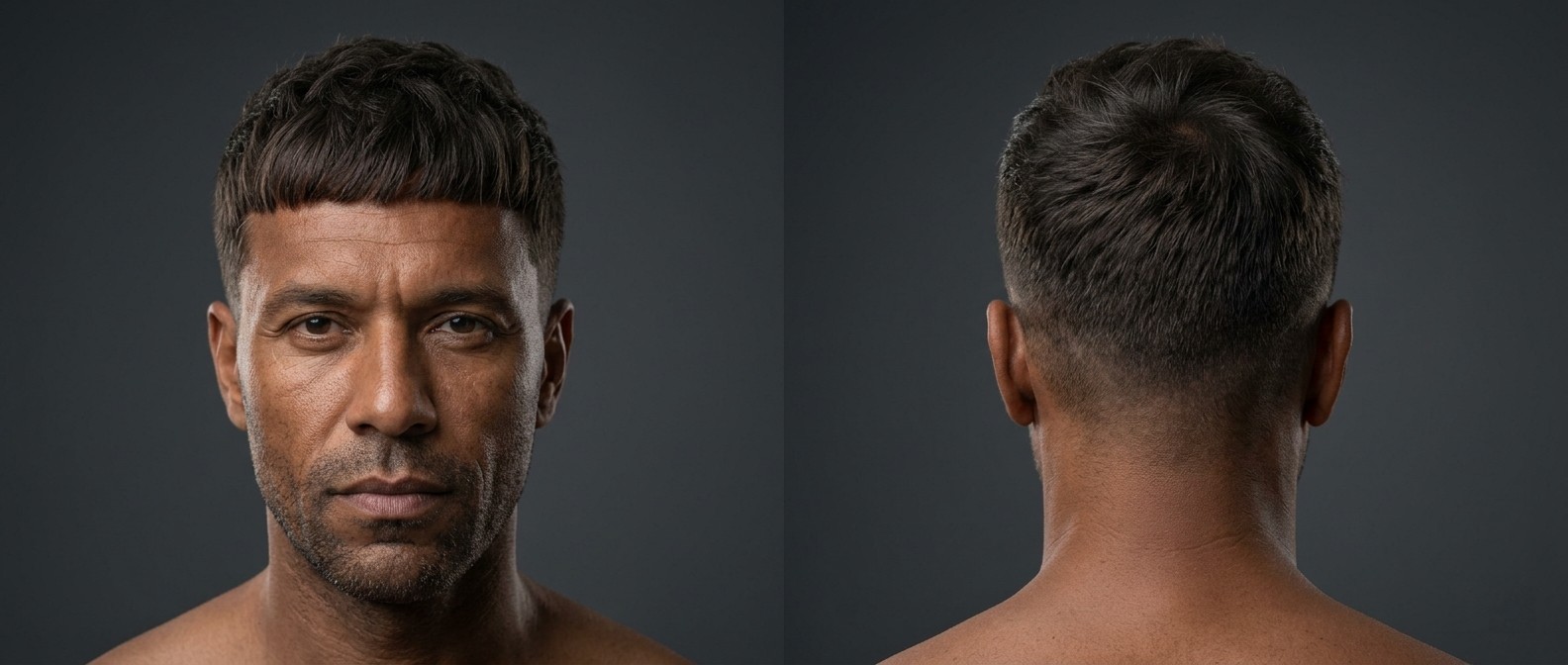 Mature man with very dark skin and a French crop haircut featuring a precise mid-forehead blunt fringe, high fade, and a light stubble beard.