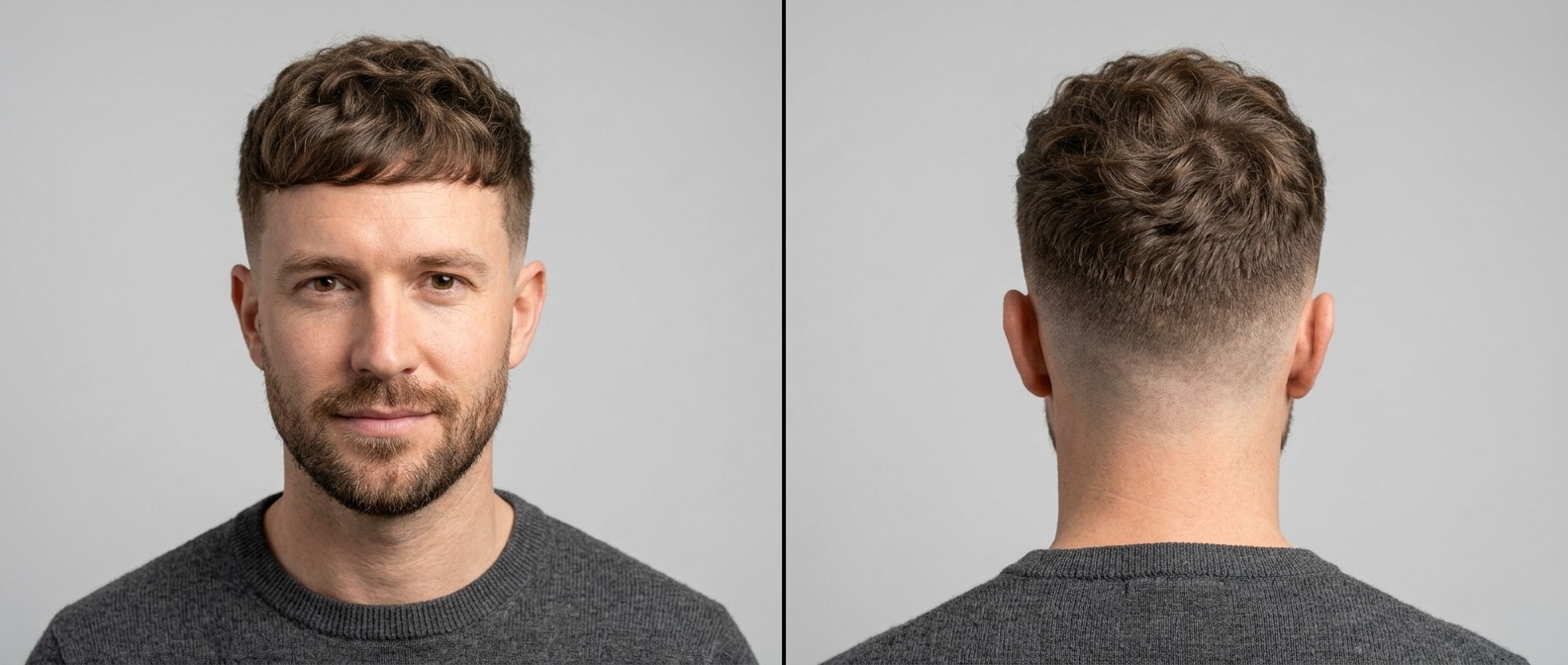 Front and back view of a man with a wavy textured French crop haircut featuring a high skin fade, blunt fringe, and a neatly groomed short beard.