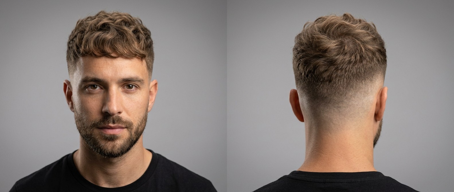 Front and back view of a Caucasian man with a wavy textured French crop, mid skin fade, short blunt fringe, and a well-groomed short beard.