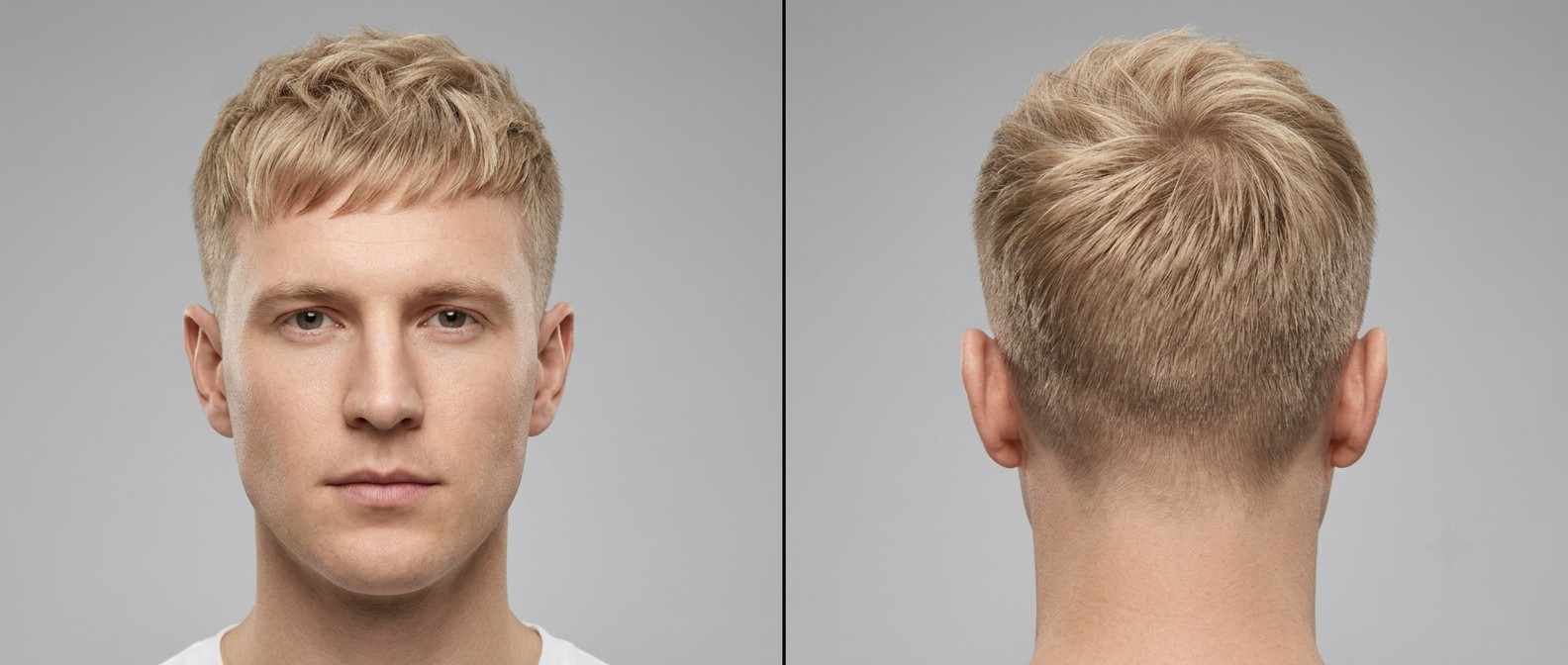 Front and back view of a blonde man with an oval face modeling a textured French Crop haircut with short sides and a piecey forward fringe.