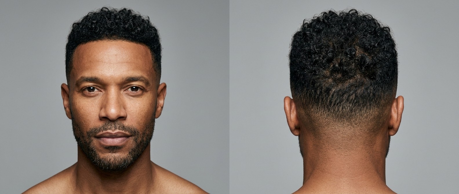 Front and back view of a Black man over 45 with a curly French crop, high skin fade, sharp line-up, and a short, well-groomed beard.