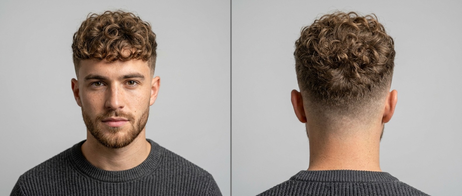 Front and back view of a young Caucasian man with a light brown curly French Crop, featuring a high skin fade, textured fringe, and a neat short beard.