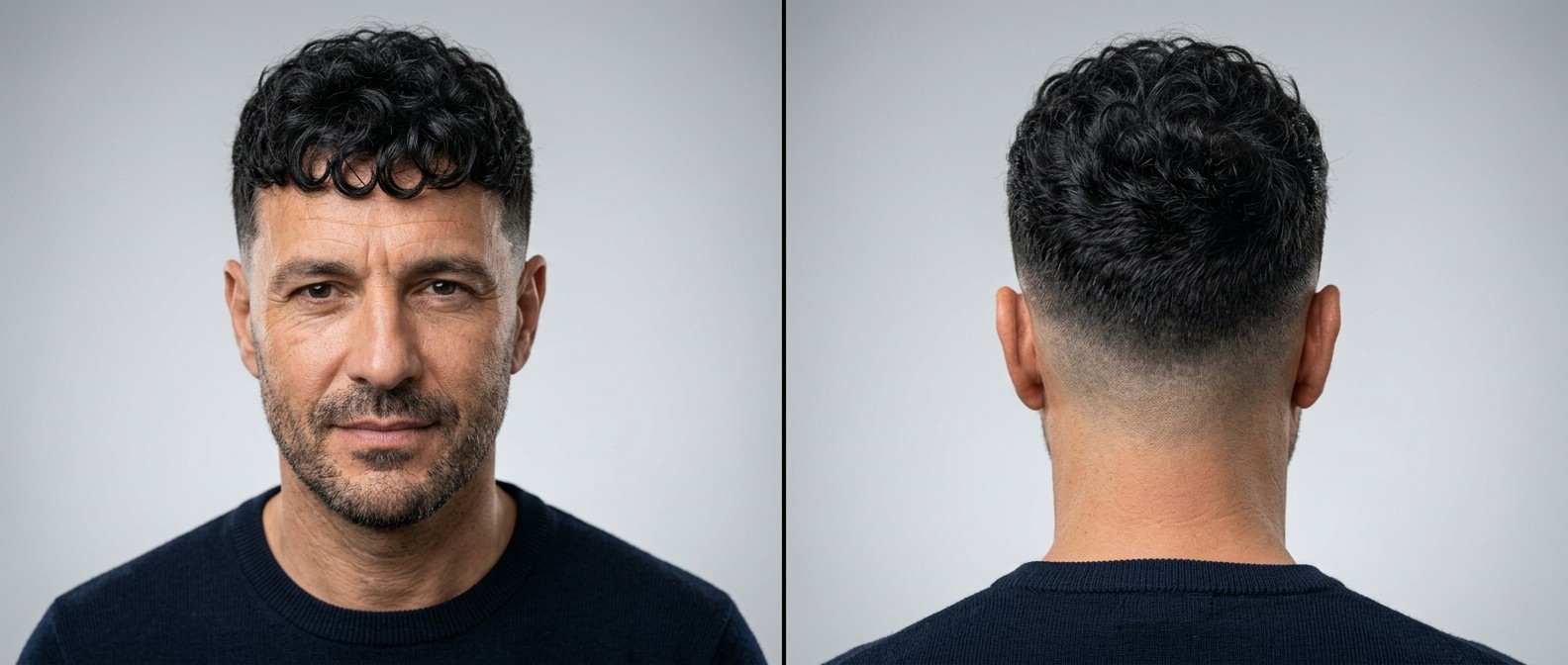 Front and back view of a 45+ man with an oval face modeling a Curly French Crop haircut featuring a high skin fade and defined black ringlet fringe.