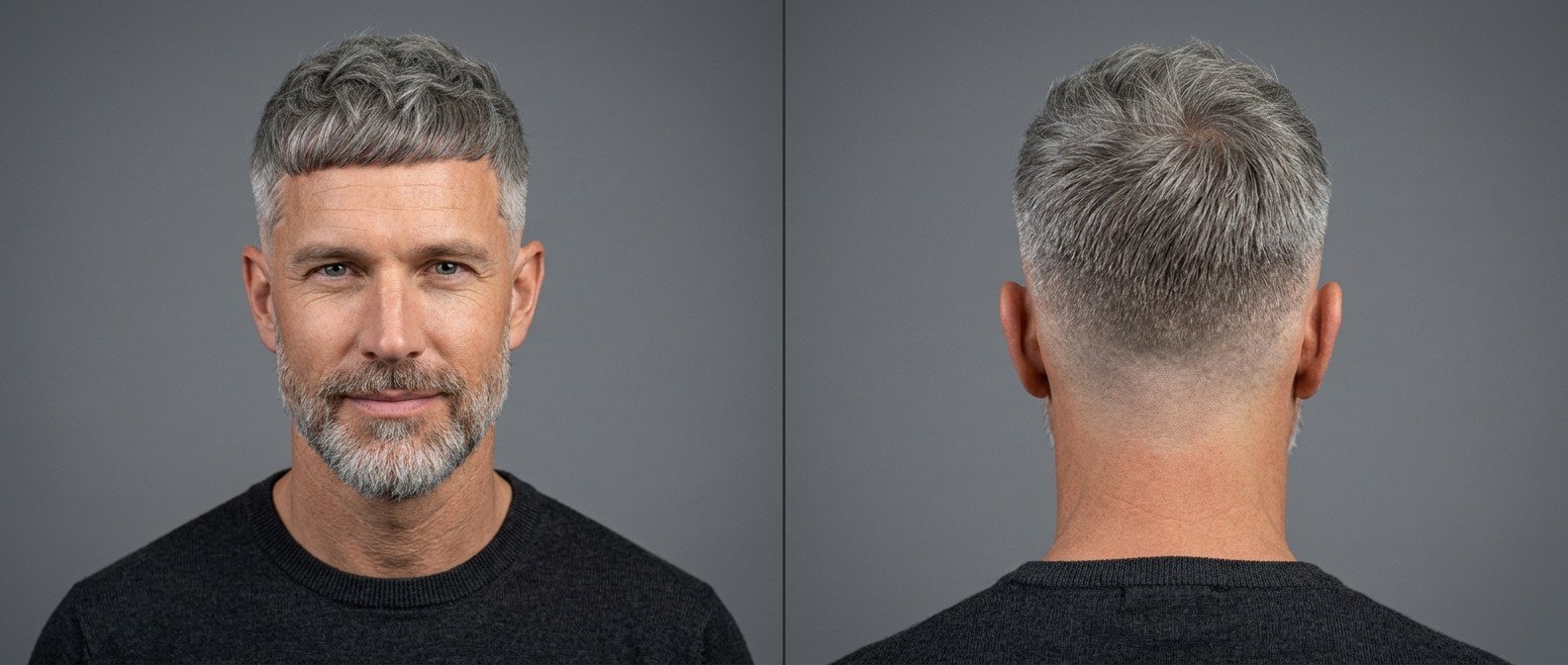 Front and back view of a mature man with a silver gray French crop haircut, featuring a high skin fade, textured piecey top, blunt fringe, and a neat beard.