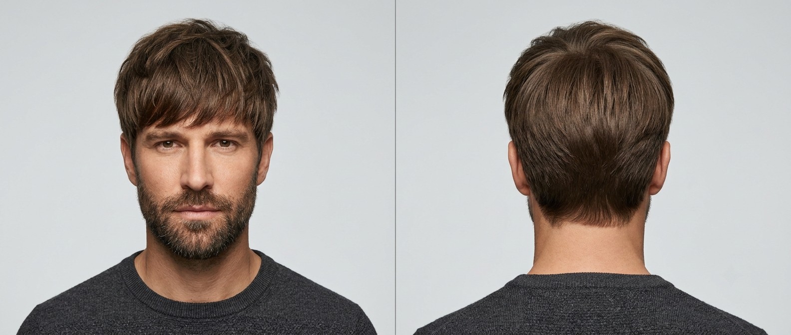 Vista frontal e lateral de um homem de 40 anos com corte Textured Forward Fringe, laterais em degradê e barba curta bem cuidada.