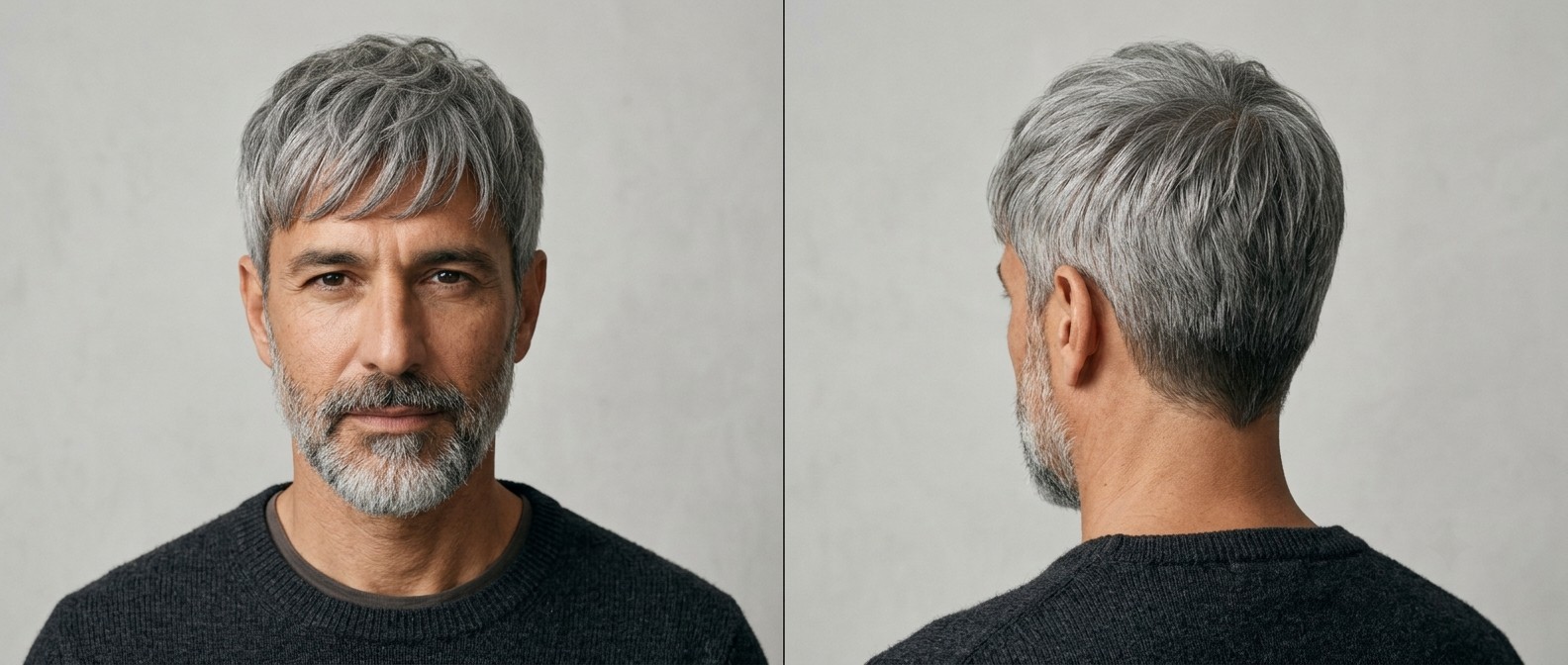 Mature man with a textured gray fringe haircut and medium scissor-cut sides, featuring a well-groomed beard and a natural matte finish.