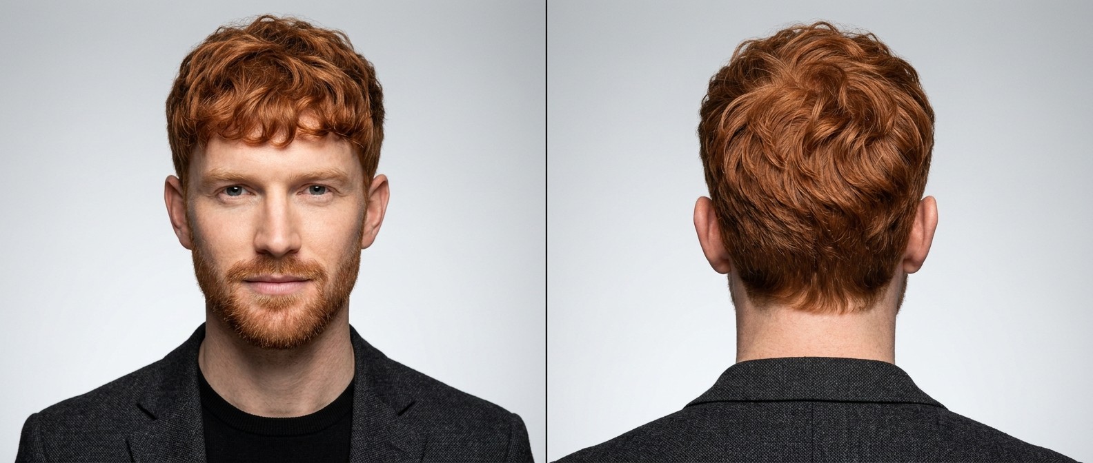Front and back view of a young man with vibrant red hair modeling a textured wavy fringe haircut with softly tapered sides and a short, well-groomed beard.