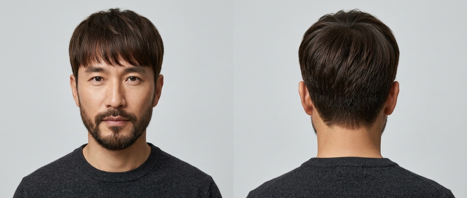 Front and back view of a 45-year-old Asian man with a beard, modeling a medium-length textured forward fringe haircut for straight dark brown hair.