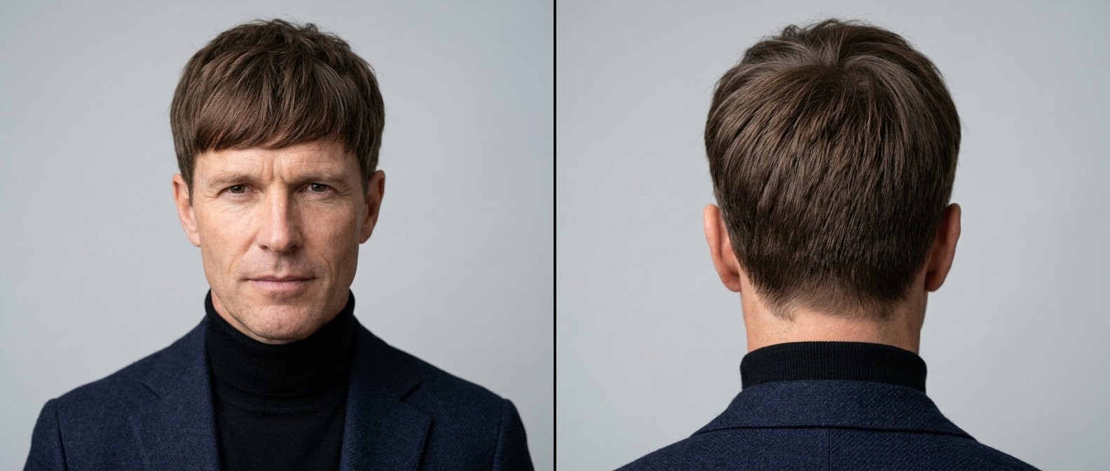 Mature man with thick brown hair modeling a textured forward fringe haircut, featuring softly tapered sides and a natural unblocked neckline.