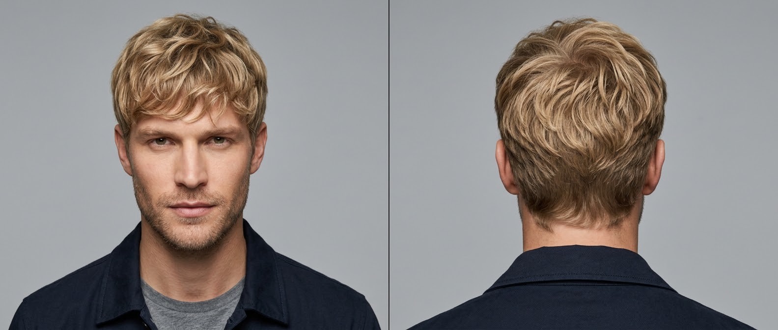Blonde man with light stubble modeling a casual textured wavy fringe haircut with soft tapered sides and a forward-swept messy top.