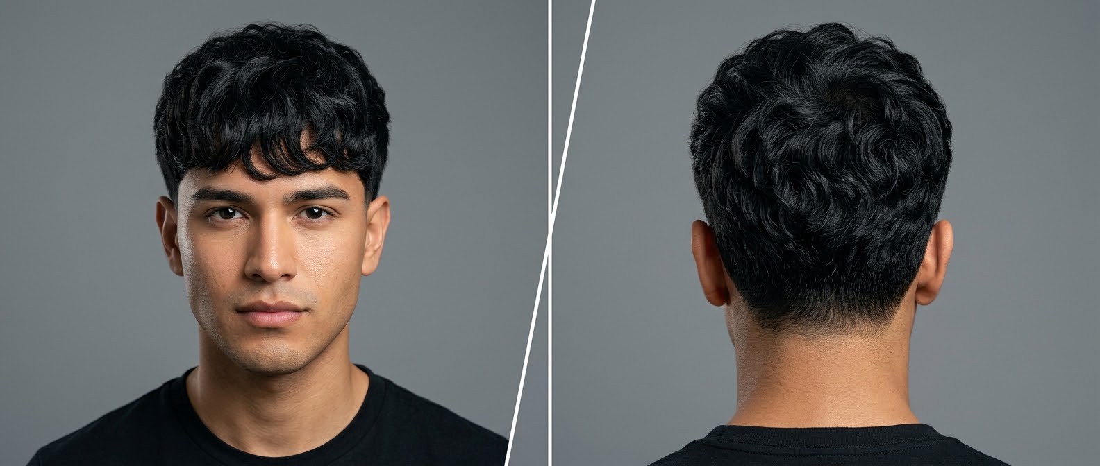 Front and back view of a young Latino man with thick, black, wavy hair styled in a textured forward fringe with medium tapered sides.
