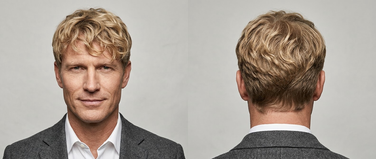Mature man with blonde, wavy medium-length hair styled into a forward-swept textured fringe with soft, scissor-cut sides and back.