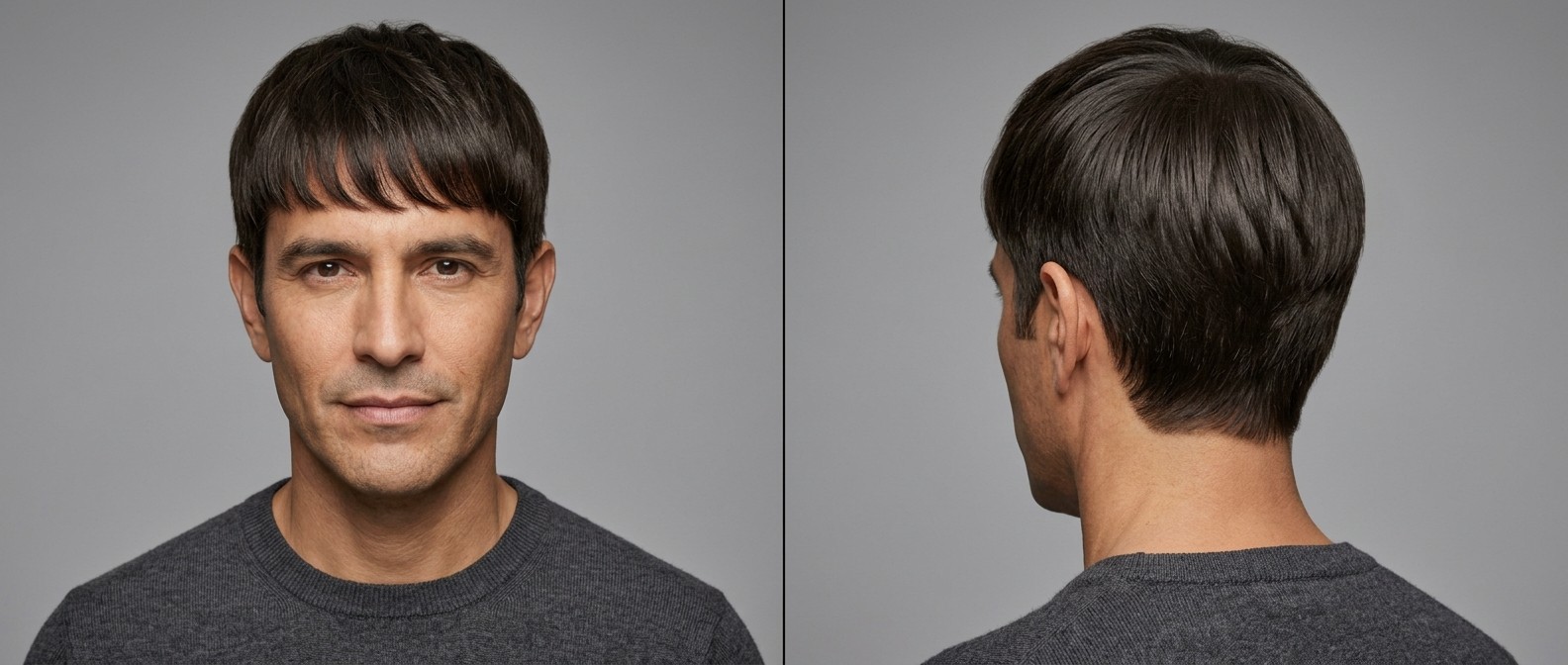 Mature Latino man with a medium-length textured forward fringe haircut, featuring soft scissor-cut sides, straight dark brown hair, and olive skin.