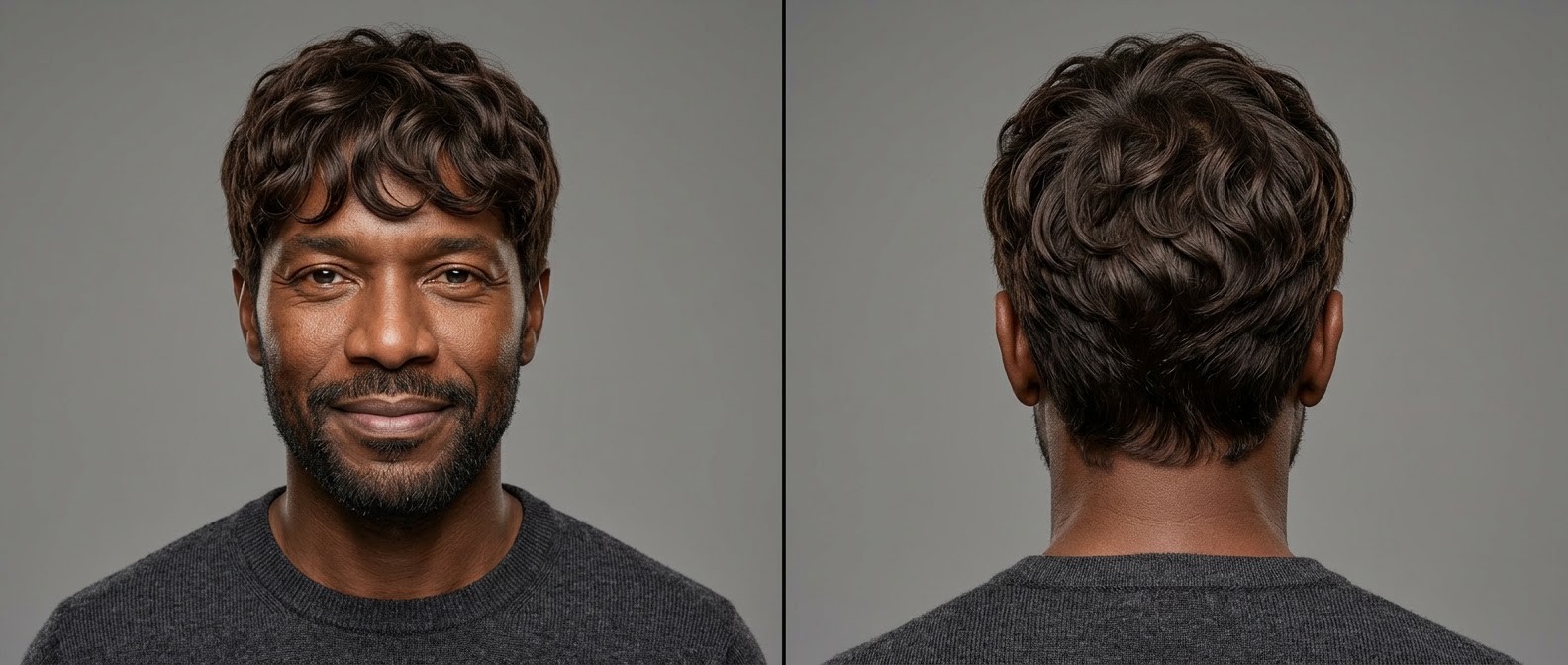 Front and back view of a mature Black man with a wavy textured fringe haircut, featuring layered medium-length top and softly tapered sides.