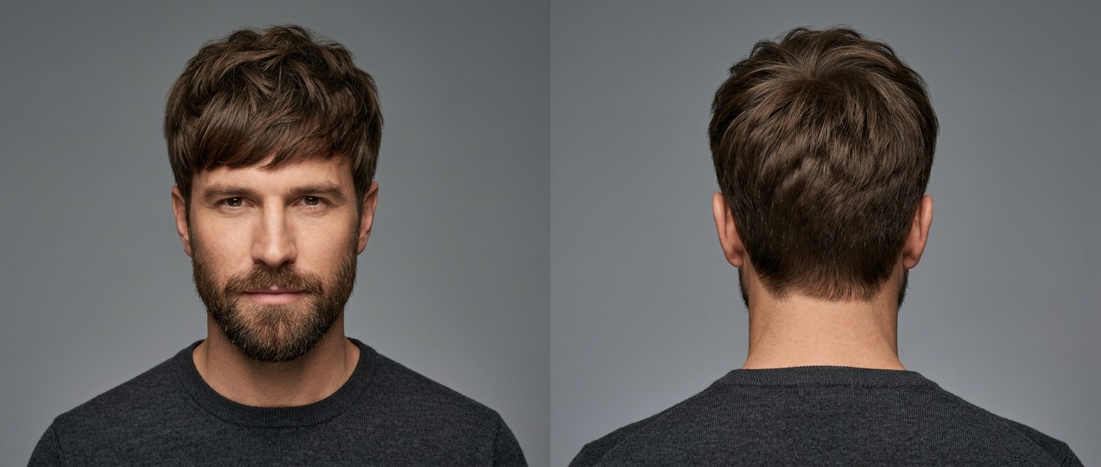Front and back view of a 40-year-old man with a thick, textured brown fringe hairstyle, medium scissor-cut sides, and a well-groomed beard.